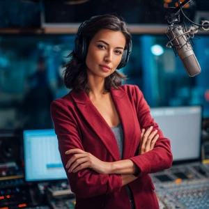 A professional news reporter, a woman, standing confidently in r...