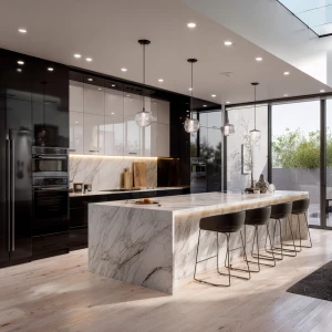 Create a luxurious modern kitchen with matte black lower cabinet...