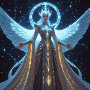 In a shimmering astral projection, a majestic figure radiates bi...