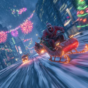 Create an epic Christmas banner in GTA Vice City style: Santa in...