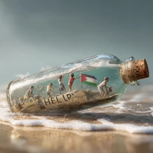A giant glass bottle lies on a sand beach,inside the bottle, the...