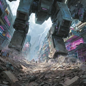 Dust-choked remains of a futuristic metropolis. Ground-level per...