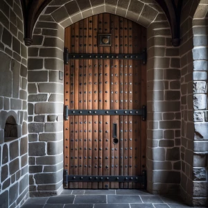 Generate a high-resolution image of a medieval wooden castle doo...