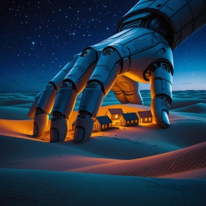 In a sprawling desert under a starlit night sky, a tremendous ro...