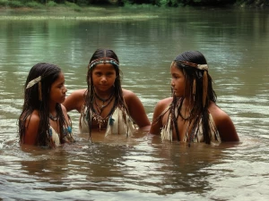 Native American girls bathing in a river