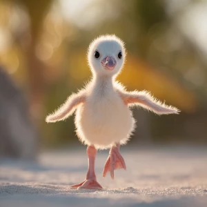 A few days old baby flamingo named Flan, with soft pale-gray chi...