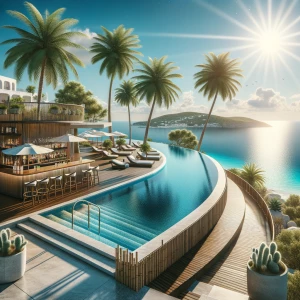 Create an upscale hotel in Ibiza featuring palm trees, an infini...