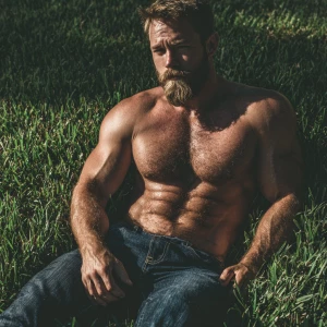 a beef bodybuilder man hairy chest beard with brown hair dark je...