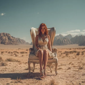 Redhead supermodel sitting on a luxury chair in the middle of a...