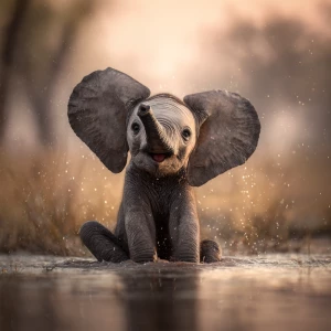 A young African elephant calf named Ember joyfully sitting in a...