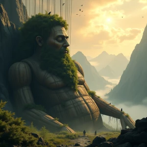 A colossal wooden marionette, a forgotten god of the mountains,...