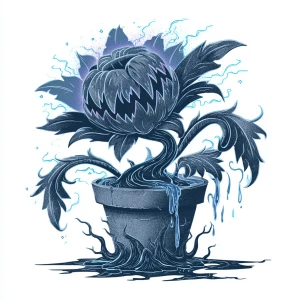A graphic-style illustration of a sinister silver house plant mo...