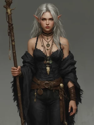 A semi-realistic digital painting of a young elven witch with lo...