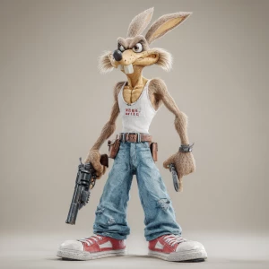 3d wile e coyote dressed in a wife beater t shirt, blue jeans, t...