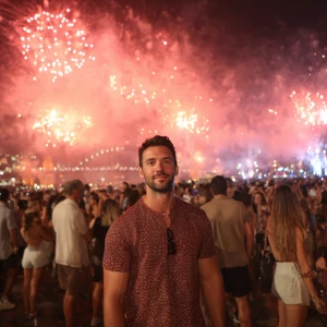 A man looking in the camera standing on a crowded Sydney Harbour...