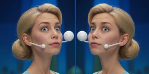 I need an image of 2 balls connected to a womans chin, making he...