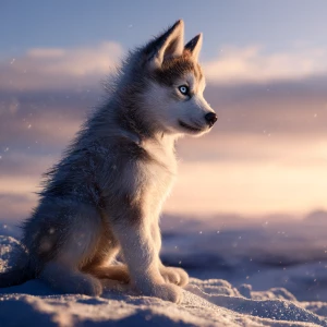 A fluffy husky puppy with bright ice-blue eyes sits atop a snowy...