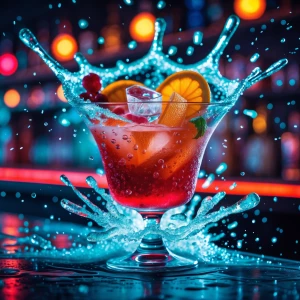 A vibrant cocktail explodes in a dynamic splash, frozen mid-air....