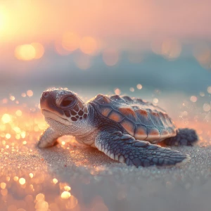 Coco the baby sea turtle on a sandy beach at sunrise, warm golde...