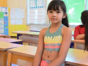 A teenage girl sitting in front of me viibrant swimsuit, middle...