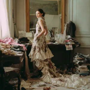 a woman wearing a couture dress but in a home setting with a mes...