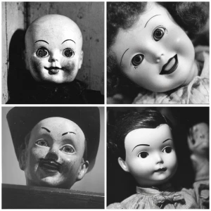 Creepy retro dolls from 1940s black and white