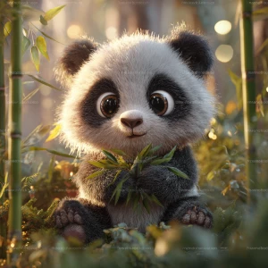 “Adorable baby panda sitting among soft bamboo leaves, with warm...