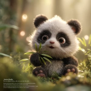 “Adorable baby panda sitting among soft bamboo leaves, with warm...