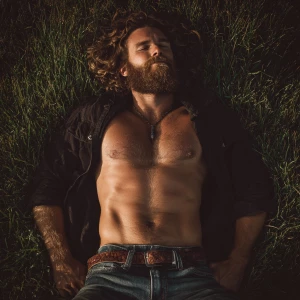 a beef man hairy chest beard with brown hair dark jeans laying d...