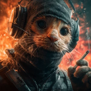 A wide-eyed ginger cat wearing a black tactical balaclava (or ma...