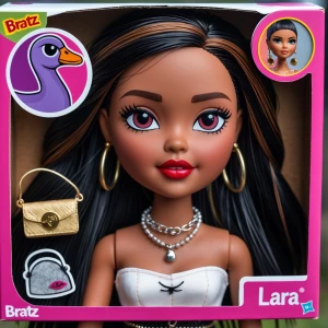 A Bratz package box with a bratz doll inside, Name: "Lara", logo...