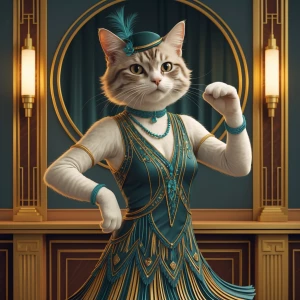 An elegant and human like cat dancing, like a flapper and a deta...