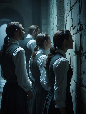 Servants straining to hear strange whispers behind the mansion’s...