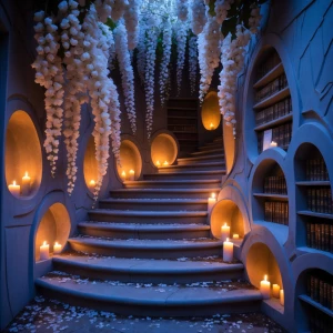 Secret Wisteria Stairwell Library: A hidden stairwell spirals up...