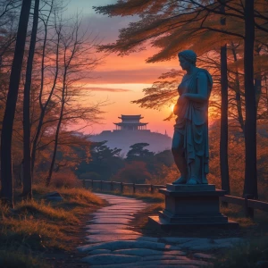 A serene autumn forest path illuminated by the gentle glow of th...