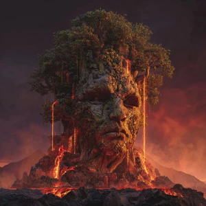 Create an image of a colossal tree exuding toxicity with a human...