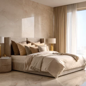 Ultra-realistic photo of a luxury bedroom in warm beige and crea...