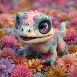 Generate an adorable dinosaur with pastel-colored scales, big sp...