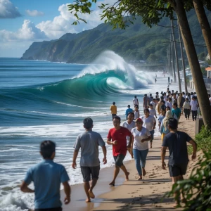 A tsunami wave near coast causing panicking people to run for hi...