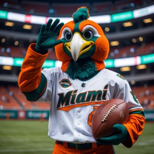 Image of the Miami hurricane mascot, getting ready for battle
T...