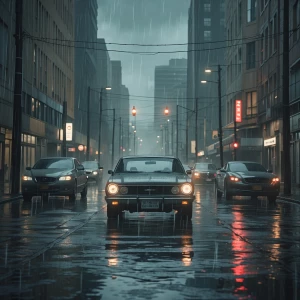 Create a cinematic scene set on a rainy day with no human, text,...