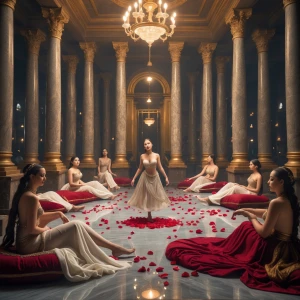 Within the heart of a marble-pillared villa, the walls are sheat...