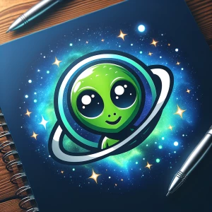 a green alien with a space background