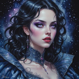 A bewitchingly alluring galactic vampire, her shimmering ebon ha...