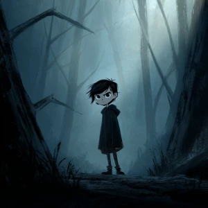 Generate a dark cartoon-style image of a boy in a forest setting...