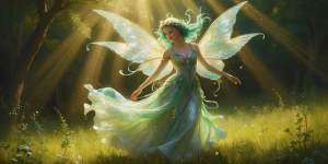 In a sunlit glade, a regal enchanted nymph dances among rays of...