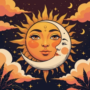 Bobo sun and moon illustration,warm tones, celestial vibes,line...