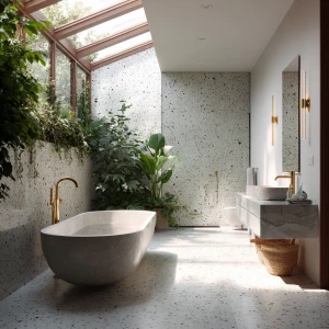 Design a Scandinavian bathroom featuring terrazzo walls, a frees...