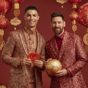 Cristiano Ronaldo dan Lionel Messi berdiri berdampingan, foto be...