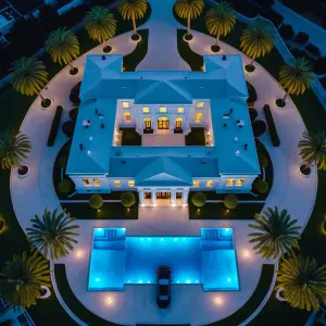 Aerial drone shot of a massive white marble mansion at night,...